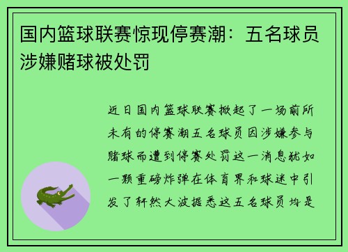 国内篮球联赛惊现停赛潮：五名球员涉嫌赌球被处罚